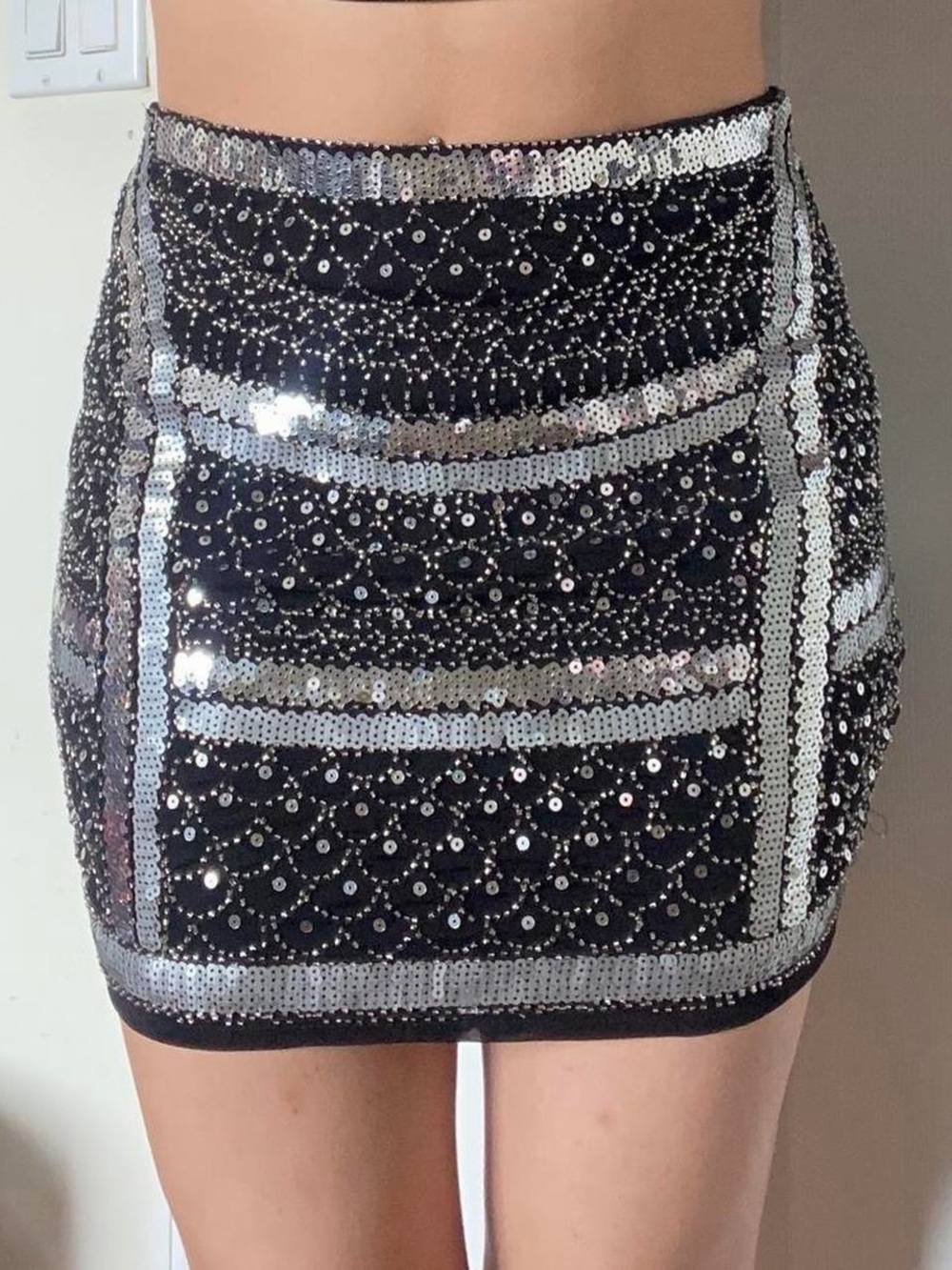 Black Sequin Mini Skirt with Silver Accents